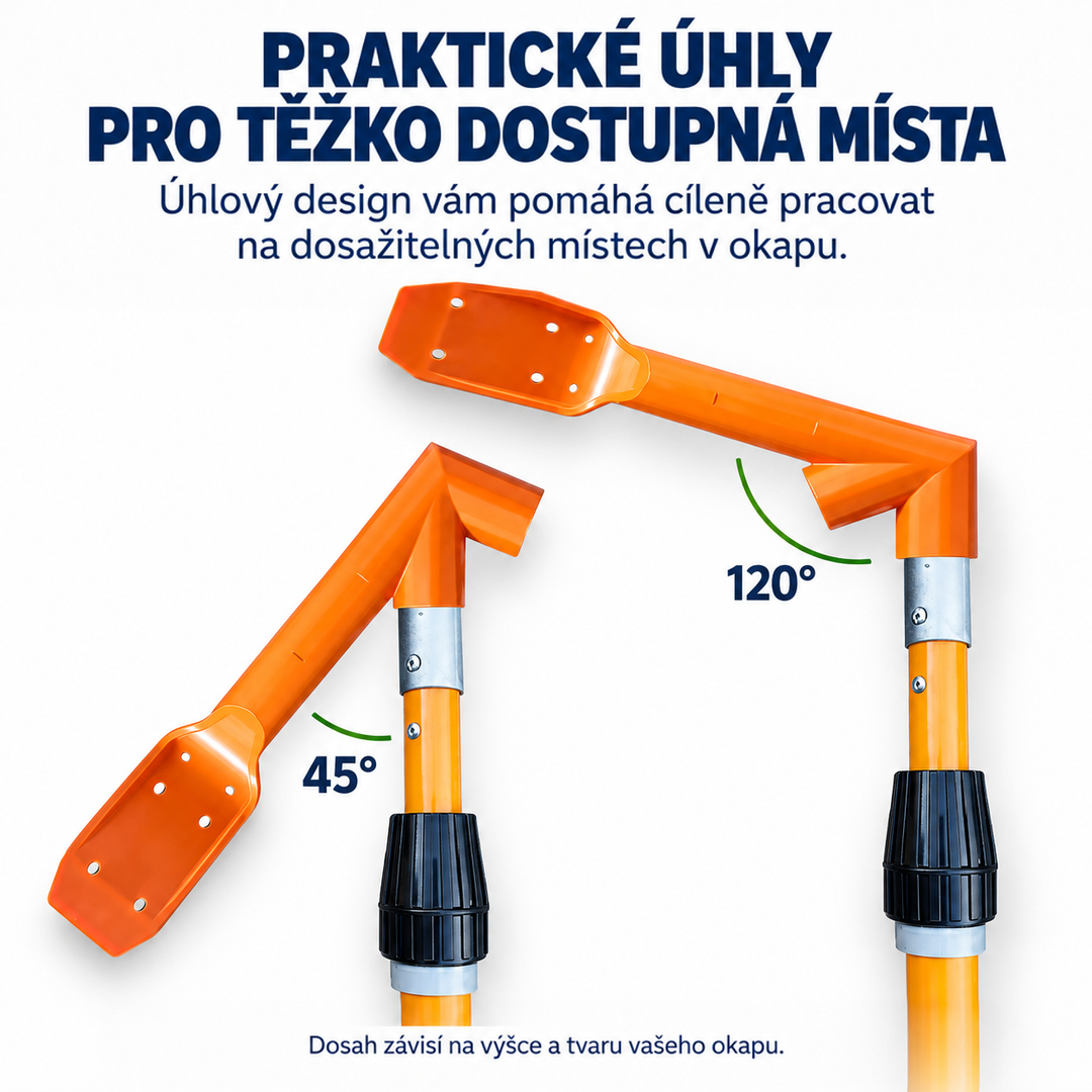 Detail dvou nastavení úhlu oranžové lopatky na tyči, vyznačeno 45 a 120 stupňů 2