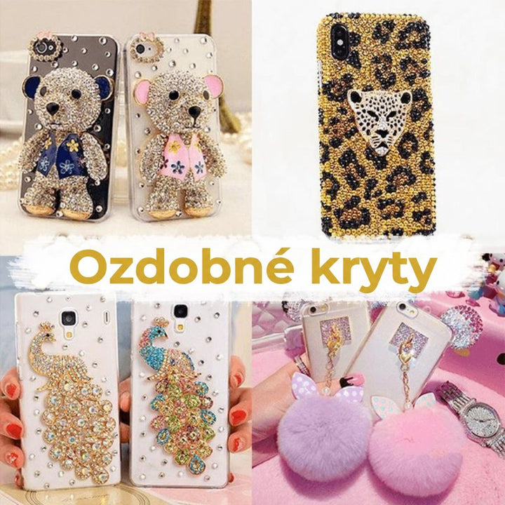 Koláž ozdobených pouzder na telefon s medvídky, leopardím vzorem, pávy a chlupatými bambulemi 4