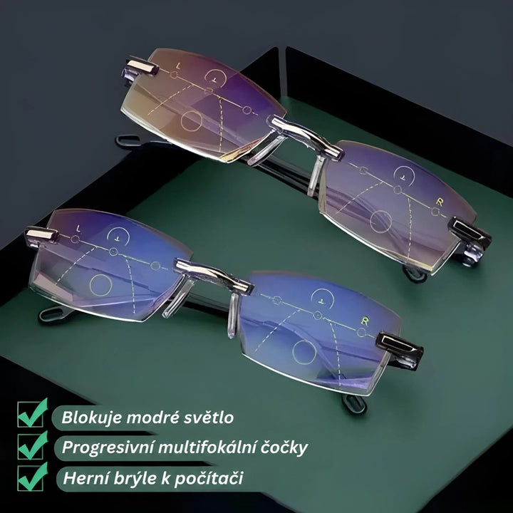 Dva páry bezrámečkových brýlí na zeleném podstavci, na čočkách jsou vidět linie progresivních zón, vlevo a vpravo označené. 3