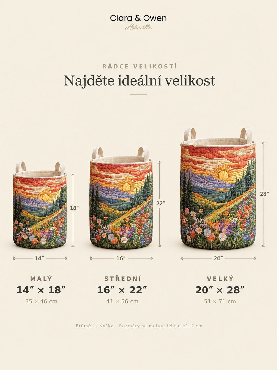 Přehled tří velikostí koše vedle sebe, malý, střední a velký, s kótami průměru a výšky a popisem velikostí. 5