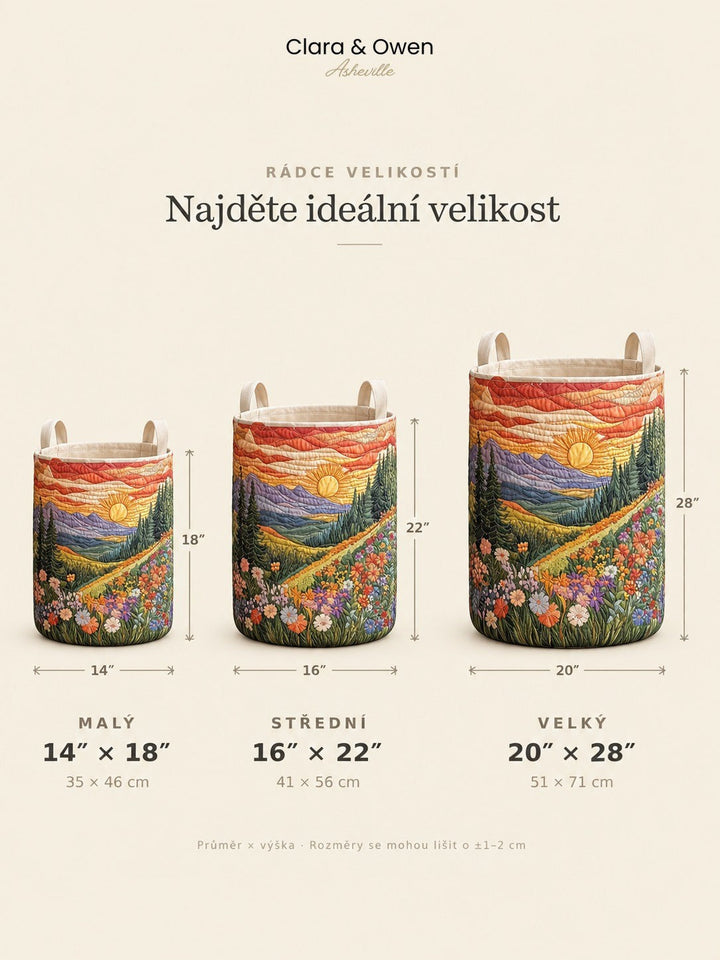 Přehled tří velikostí koše vedle sebe, malý, střední a velký, s kótami průměru a výšky a popisem velikostí. 5
