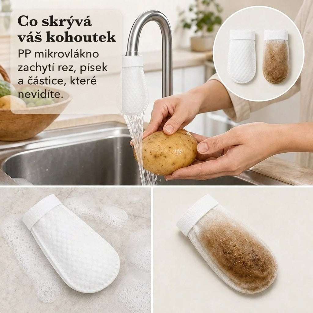 Filtr na kohoutku při mytí brambory, vedle čistý filtr a druhý zanesený hnědými nečistotami. 4