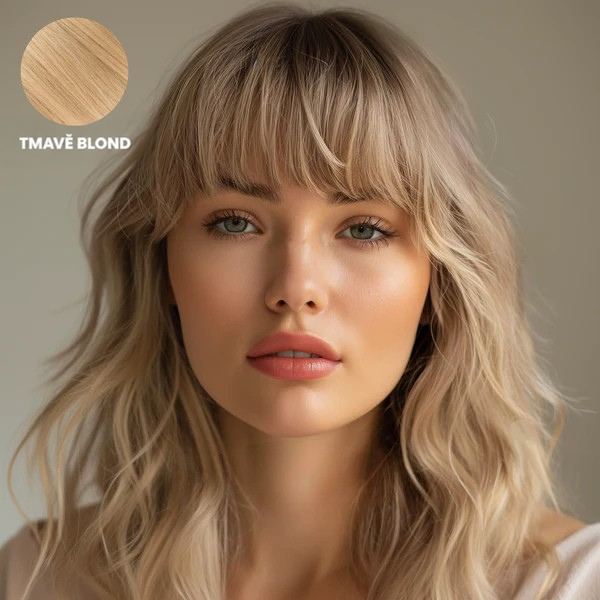 Žena s vlnitými špinavě blond vlasy a ofinou, vzorek odstínu v rohu 1