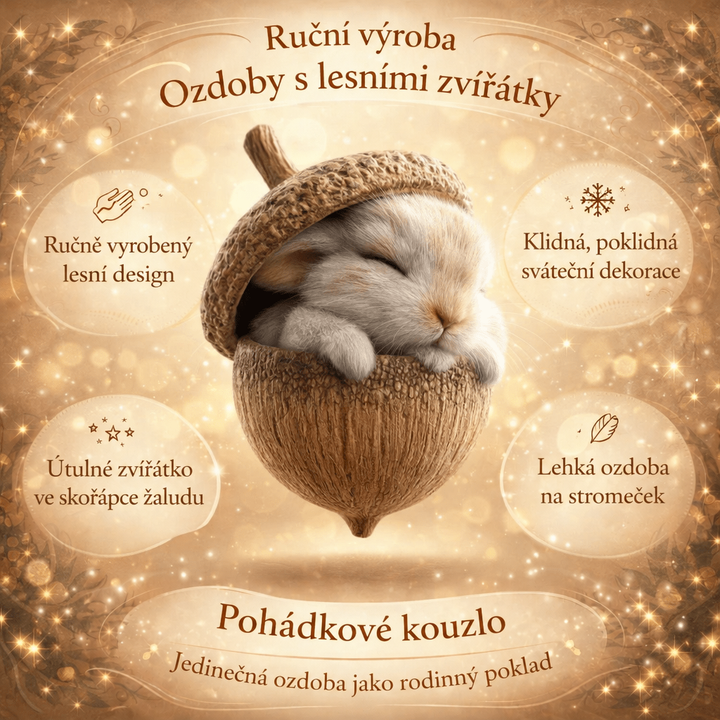 Informační grafika s králíčkem ve žaludu uprostřed a popisky o vlastnostech ozdoby 7