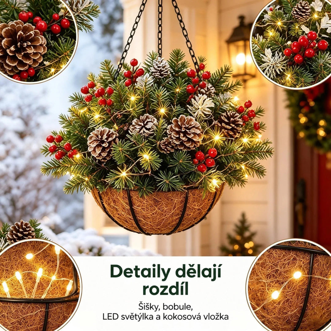 Koš na řetězech s detailními výřezy šišek, bobulí, světýlek a kokosové vložky 3