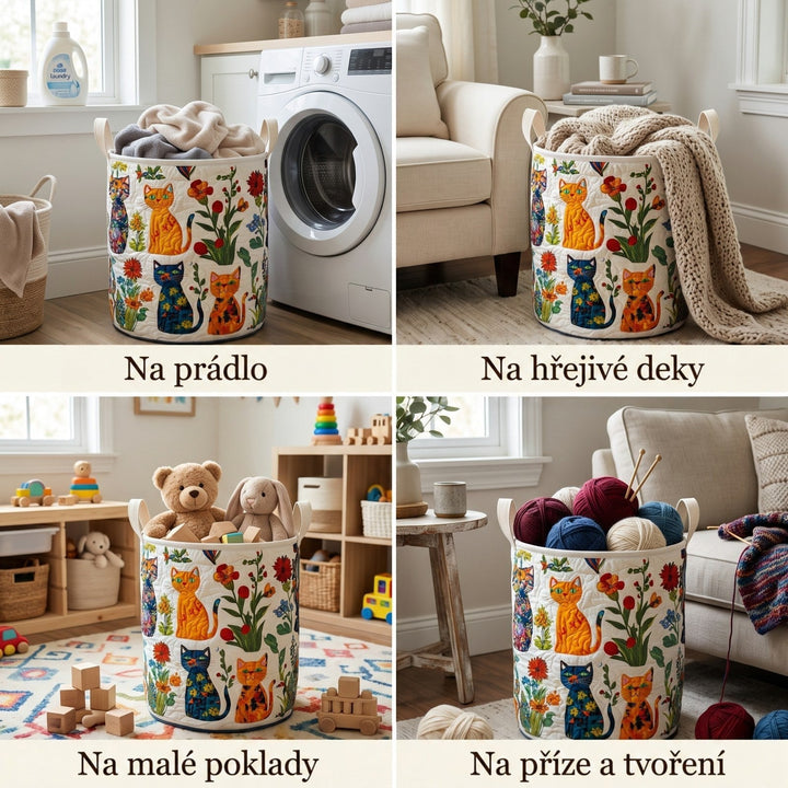 Koláž čtyř záběrů téhož koše použitého na prádlo, přikrývky, hračky a příze, každý v jiné místnosti. 2
