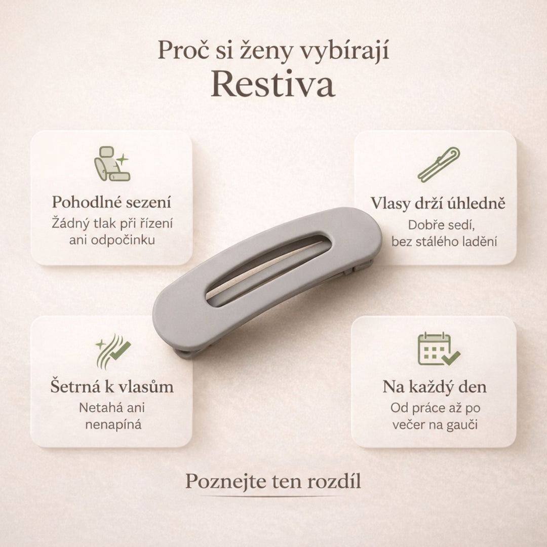 Šedá sponka uprostřed mezi čtyřmi ikonami výhod, jako pohodlné sezení a šetrnost k vlasům 3