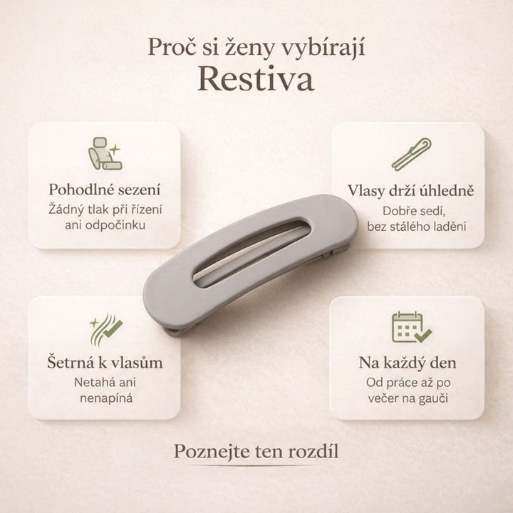 Šedá sponka uprostřed mezi čtyřmi ikonami výhod, jako pohodlné sezení a šetrnost k vlasům 3