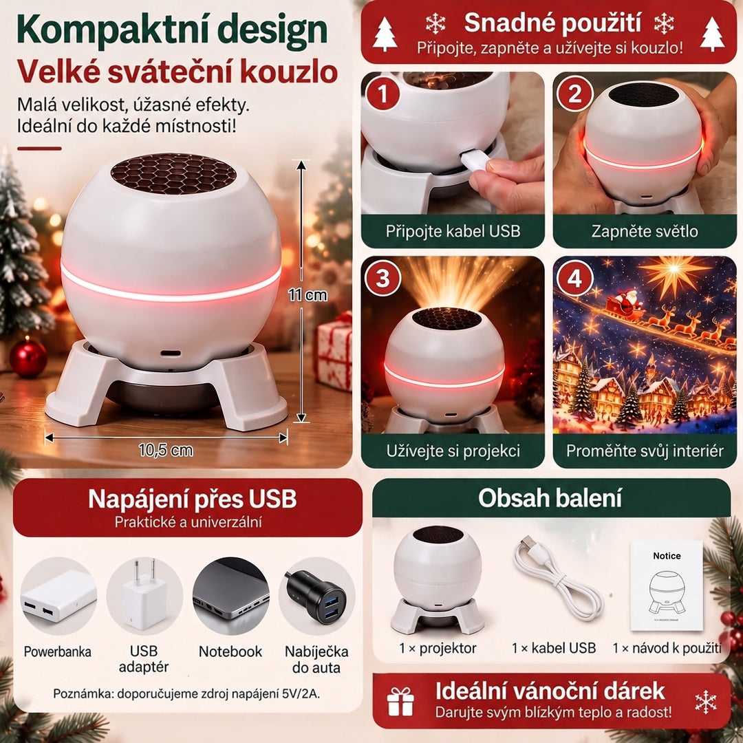 Přehledová koláž projektoru s rozměry, čtyřmi kroky zapojení kabelu USB a zapnutí, možnými zdroji napájení a obsahem balení s kabelem a návodem. 5