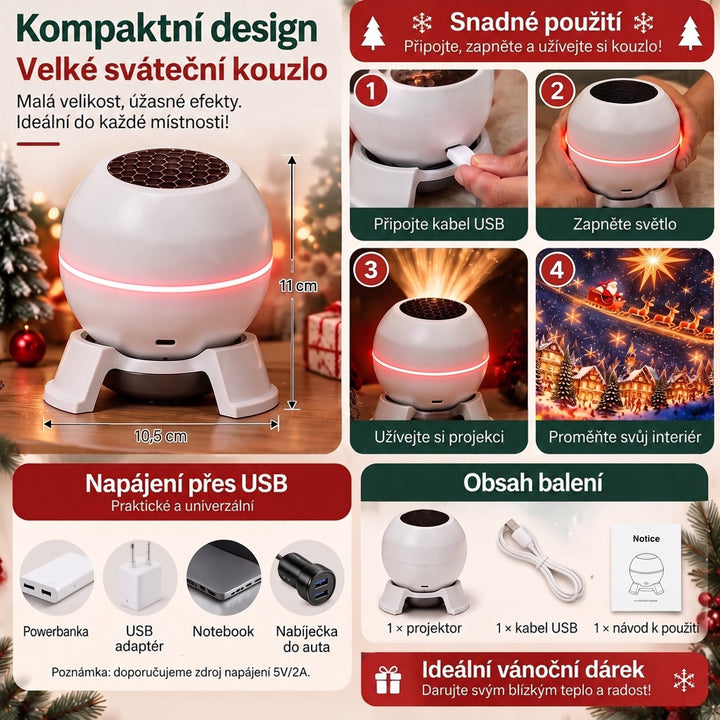 Přehledová koláž projektoru s rozměry, čtyřmi kroky zapojení kabelu USB a zapnutí, možnými zdroji napájení a obsahem balení s kabelem a návodem. 5