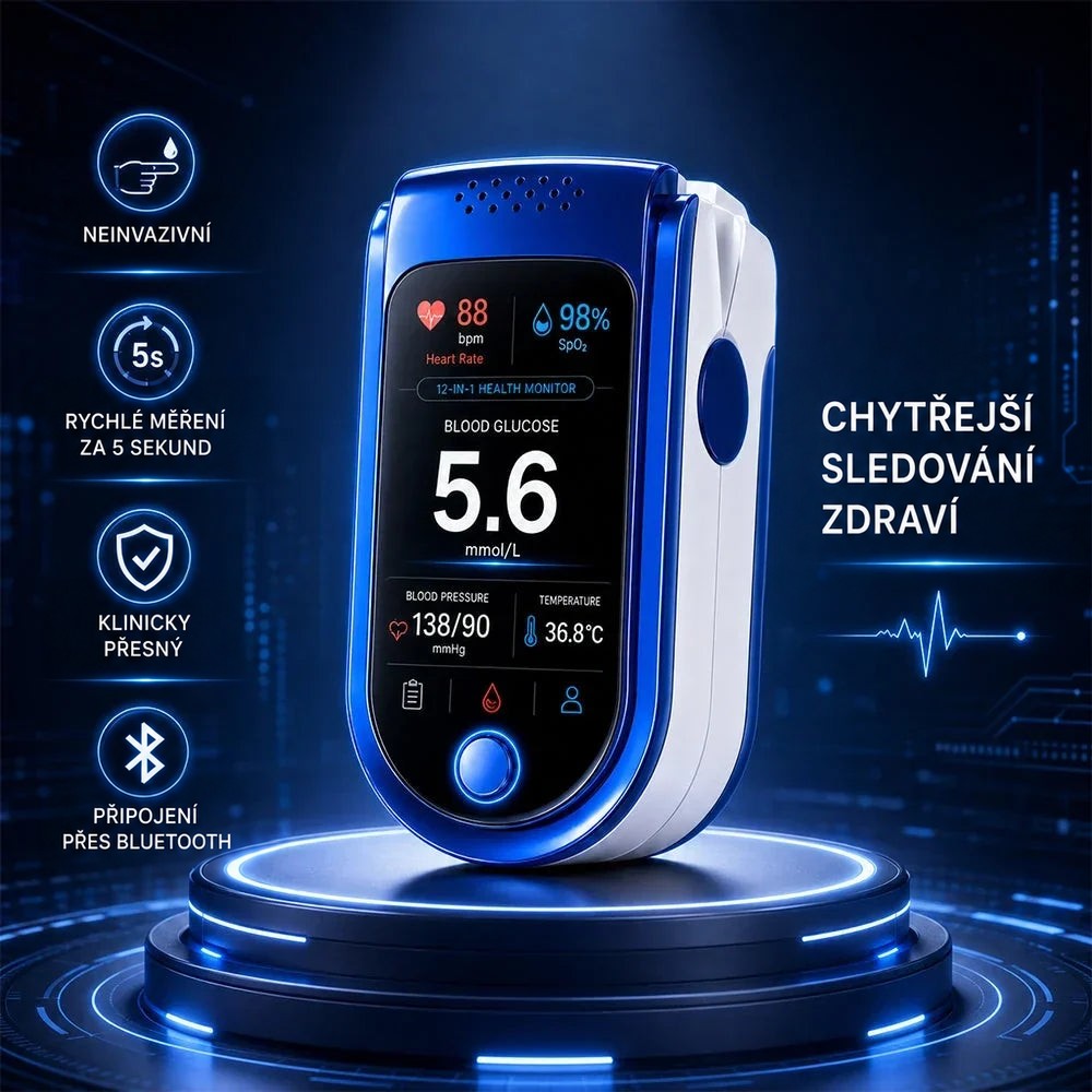 Modrobílý monitor na zářícím podstavci před tmavě modrým futuristickým pozadím, po stranách ikony hlavních vlastností. 7