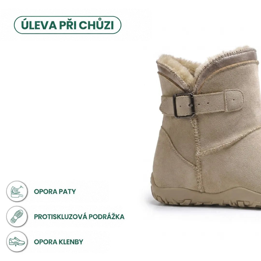 Detail paty a přezky béžové boty s ikonami opory paty, protiskluzové podešve a opory klenby 4