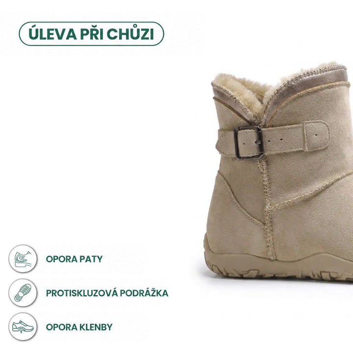 Detail paty a přezky béžové boty s ikonami opory paty, protiskluzové podešve a opory klenby 4