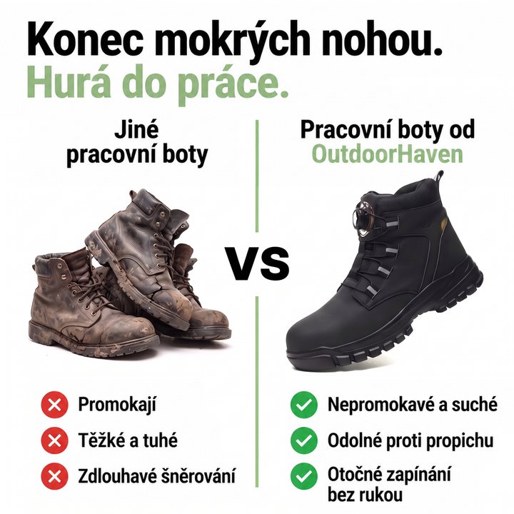 Porovnání zablácených starých šněrovacích bot s černou botou s otočným zapínáním a seznamem předností 4