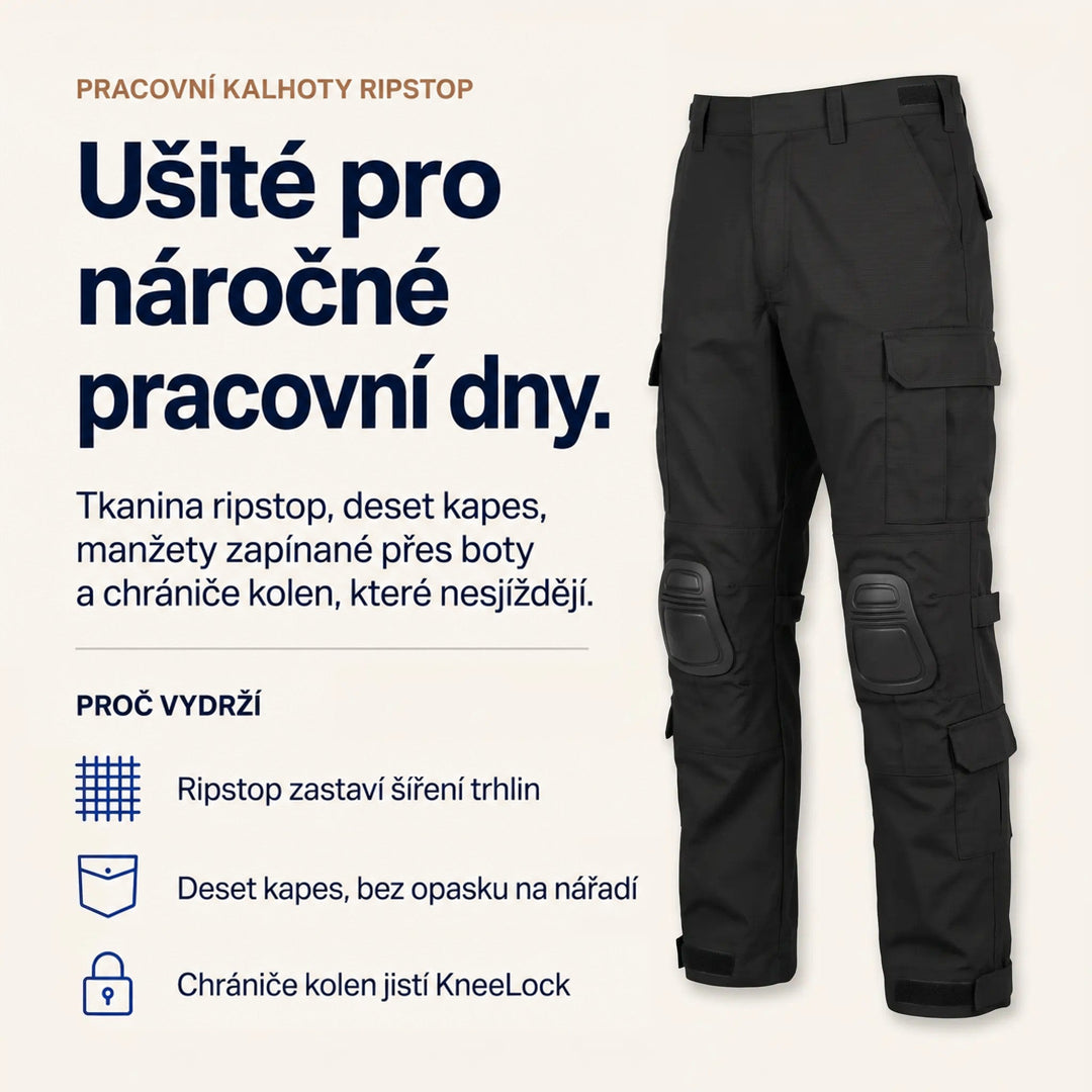 Infografika s černými kalhotami a výčtem vlastností: odolná tkanina, deset kapes, manžety na suchý zip a držící chrániče kolen. 4