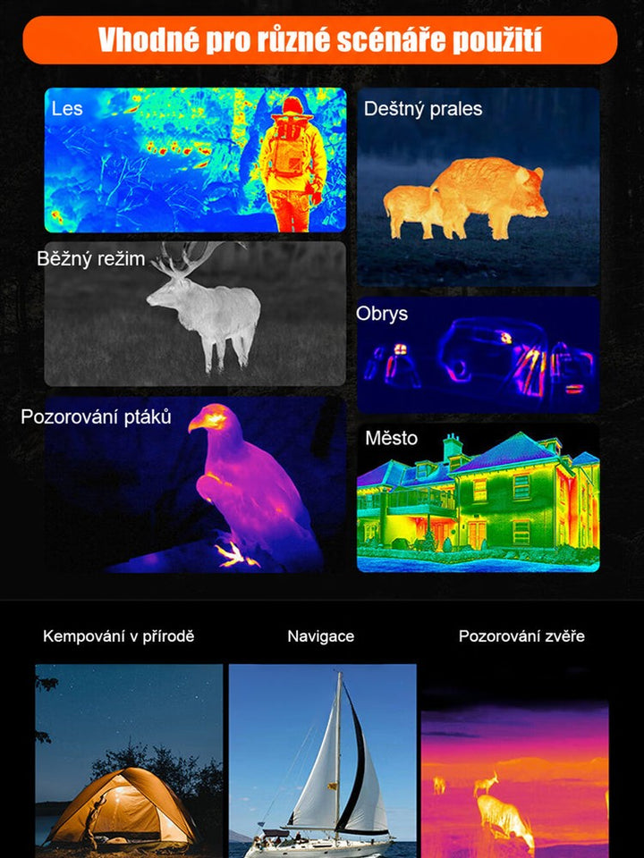 Kolekce termovizních snímků lesa, zvěře, ptáka a budovy a náhledy použití při kempování, plavbě a pozorování zvířat 5