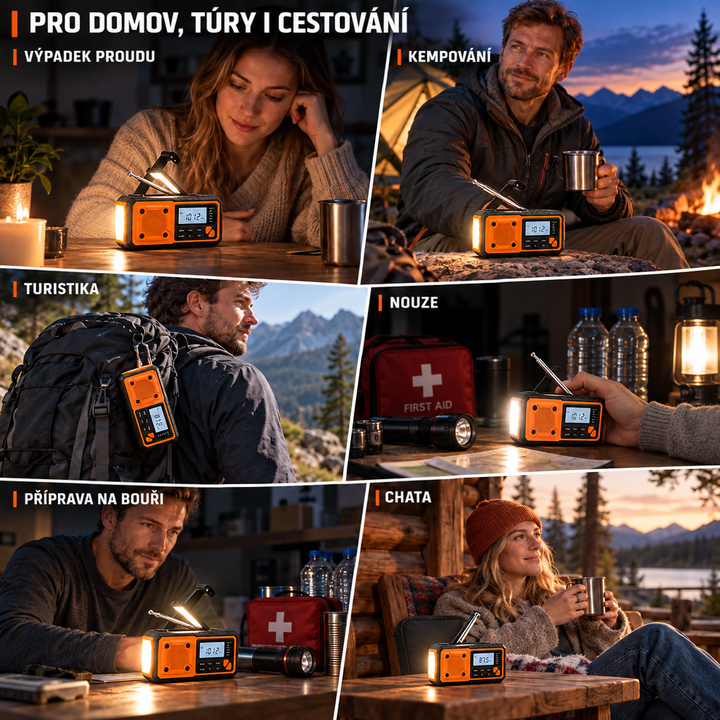 Koláž šesti situací s rádiem: výpadek proudu, kempování, turistika, nouzová zásoba, příprava na bouři a chata 9