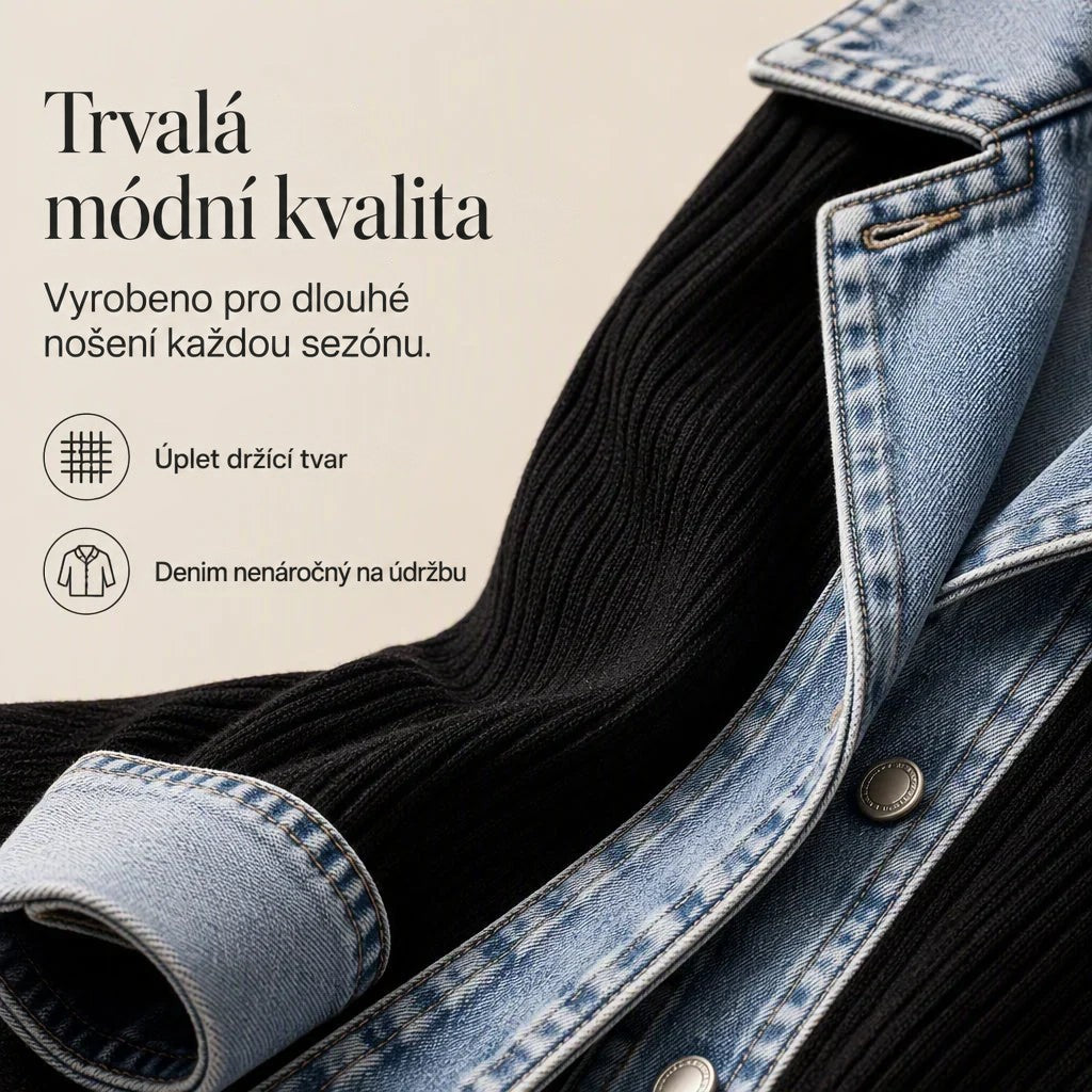 Rozložený kabát zblízka, světlá džínová klopa s knoflíky na černé žebrované pletenině 10