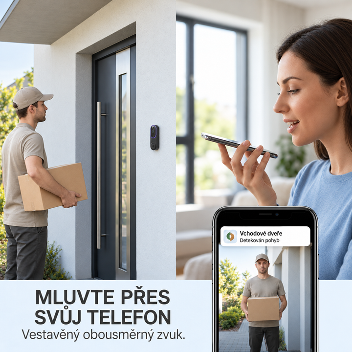 Žena mluví do telefonu s kurýrem u dveří, na displeji je záběr z kamery 3