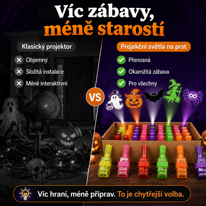 Srovnání objemného klasického projektoru s kabely a malých prstových projektorů s krabicí a promítanými motivy 15