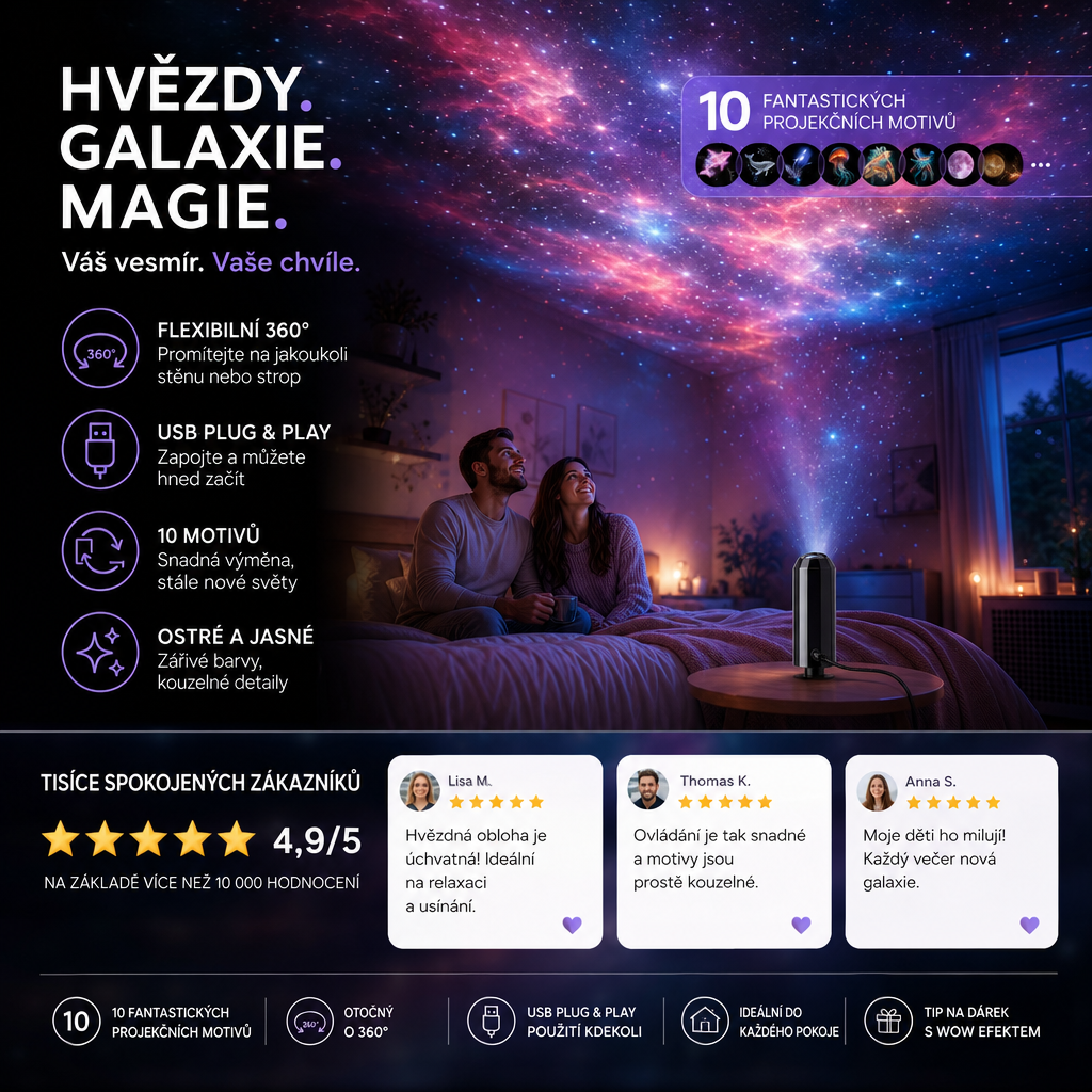 Pár sedí na posteli a sleduje barevnou galaxii promítanou na strop, dole ukázky hodnocení zákazníků a přehled funkcí 6