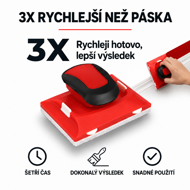 Detail nástroje s plstí, vpravo ruka vede nástroj podél bílé lišty a červené barvy 6