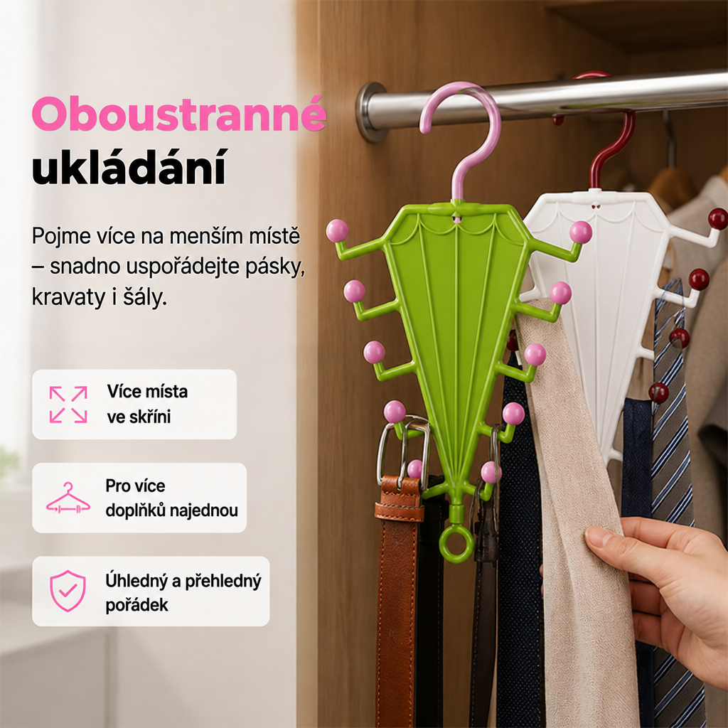 Zelený a bílý věšák ve tvaru deštníku na tyči ve skříni, na něm opasky a kravaty 1