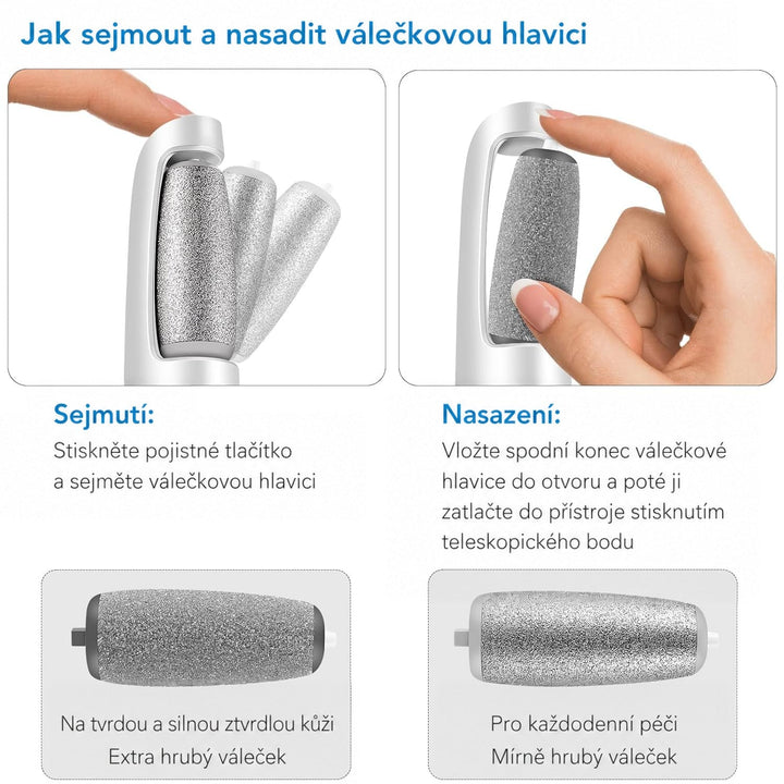 Ukázka vyjmutí a nasazení válečku prstem a dva výměnné válečky, hrubý na tvrdou zrohovatělou kůži a jemnější na denní péči. 4