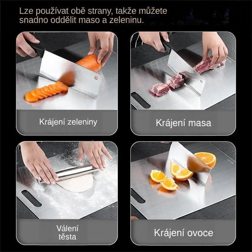 Koláž čtyř záběrů použití oboustranného prkénka: krájení zeleniny, masa a ovoce a válení těsta. 9