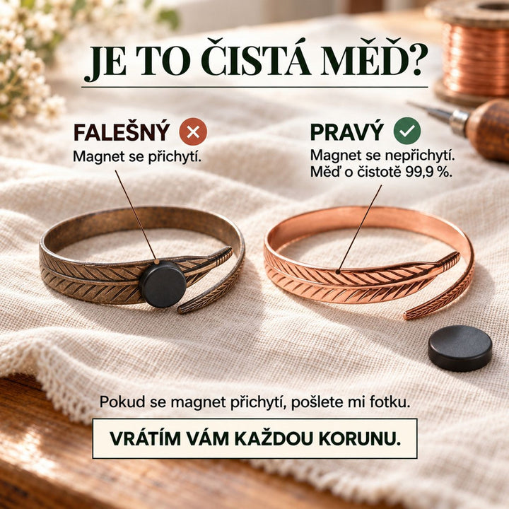 Infografika porovnává dva měděné náramky s motivem pera a magnet, který na jednom drží 3