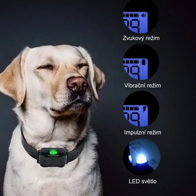 Labrador s obojkem a svítící zelenou kontrolkou, vedle displeje s režimy zvuku, vibrace, šoku a světla 9