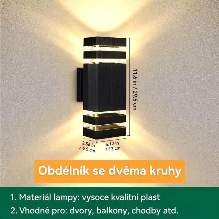 Hranaté svítidlo se dvěma světelnými pásy na každém konci, uvedené rozměry výšky, šířky a hloubky 17