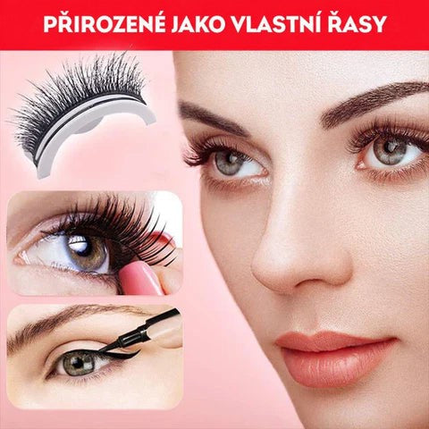 Detail řasy na bílém držáku a dva výřezy nanášení na oko, vedle tvář ženy s přirozeně vypadajícími řasami. 4