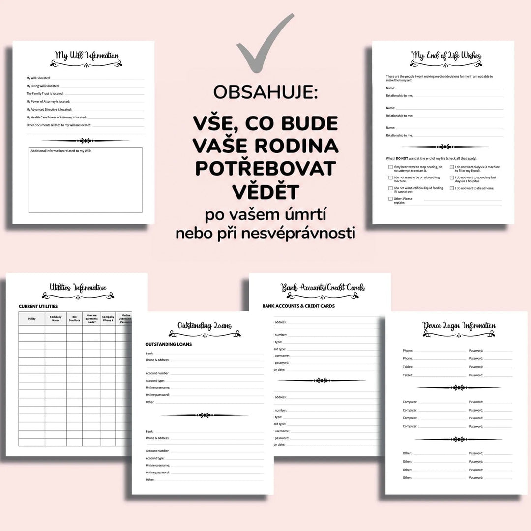 Přehled vnitřních stránek na růžovém pozadí: informace o závěti, poslední přání, účty za služby, půjčky, bankovní účty a přihlašovací údaje zařízení. 6