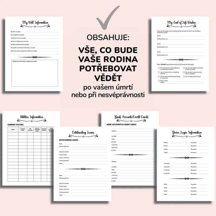Přehled vnitřních stránek na růžovém pozadí: informace o závěti, poslední přání, účty za služby, půjčky, bankovní účty a přihlašovací údaje zařízení. 6