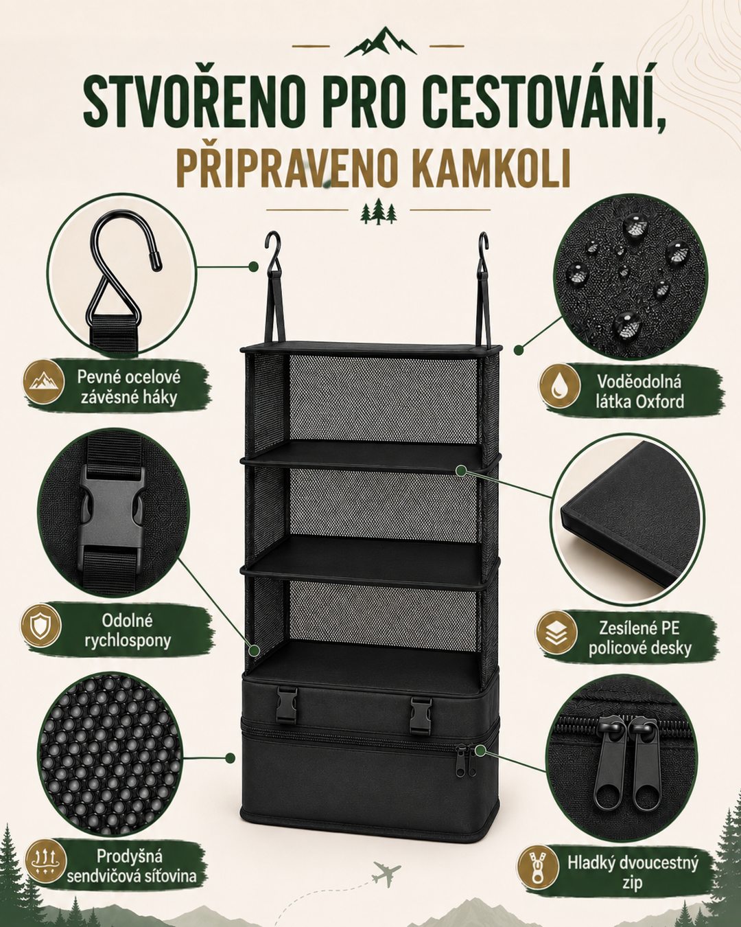 Přehled detailů organizéru: kovové háky, přezky, zip, síťovina, vyztužené police a voděodolná tkanina 2