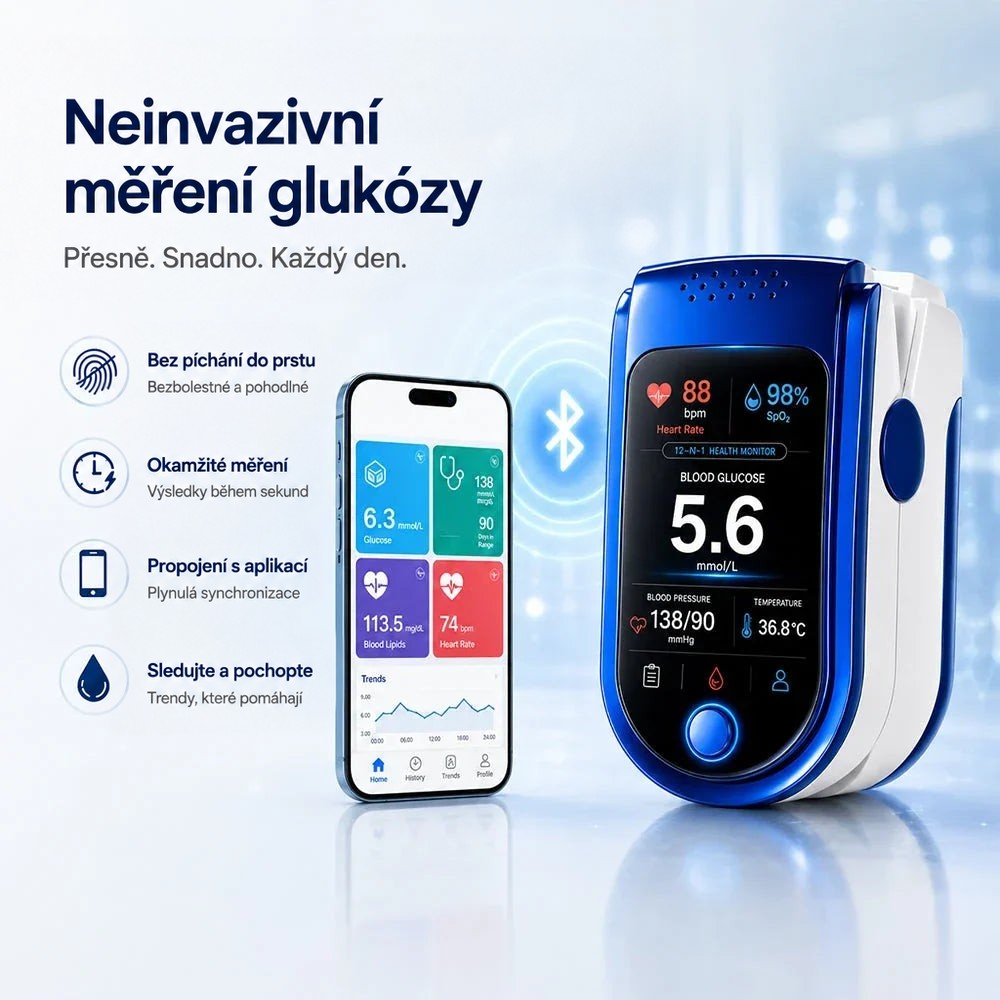 Monitor zdraví s bluetooth symbolem vedle chytrého telefonu, na jehož displeji aplikace zobrazuje hodnoty a graf trendu. 10