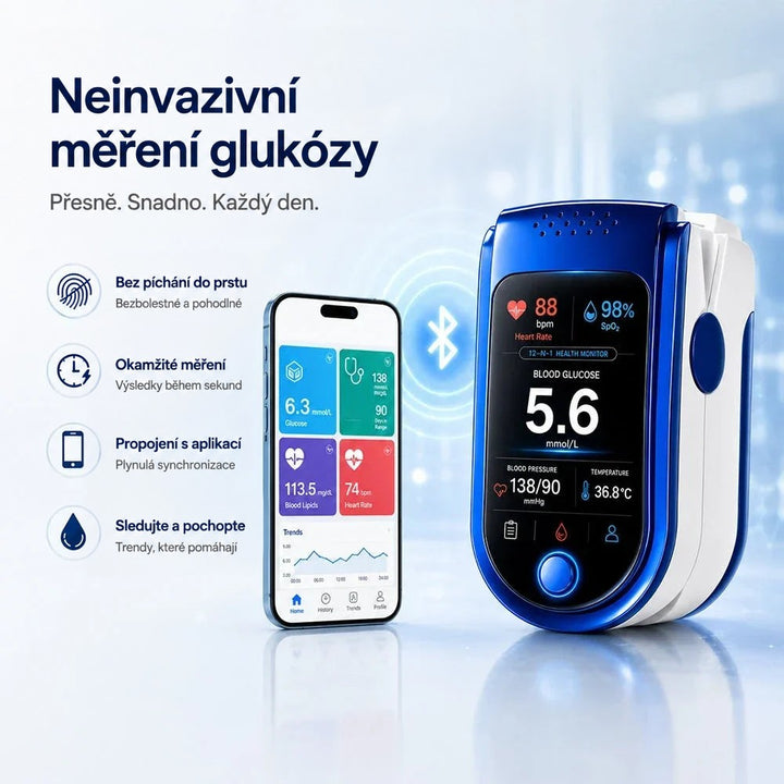 Monitor zdraví s bluetooth symbolem vedle chytrého telefonu, na jehož displeji aplikace zobrazuje hodnoty a graf trendu. 10