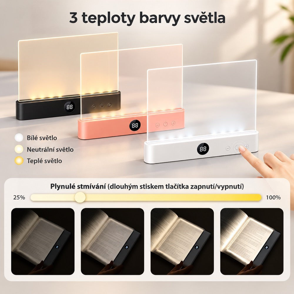 Tři lampičky v černé, růžové a bílé s různými teplotami světla a ukázkou stmívání 12