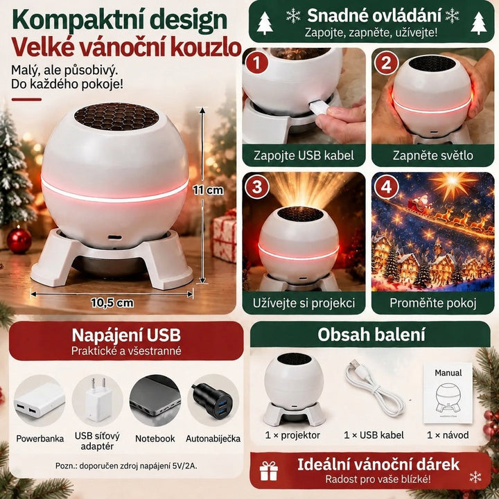 Informační koláž s rozměry projektoru, čtyřmi kroky zapnutí, možnostmi USB napájení a obsahem balení s kabelem a návodem 5