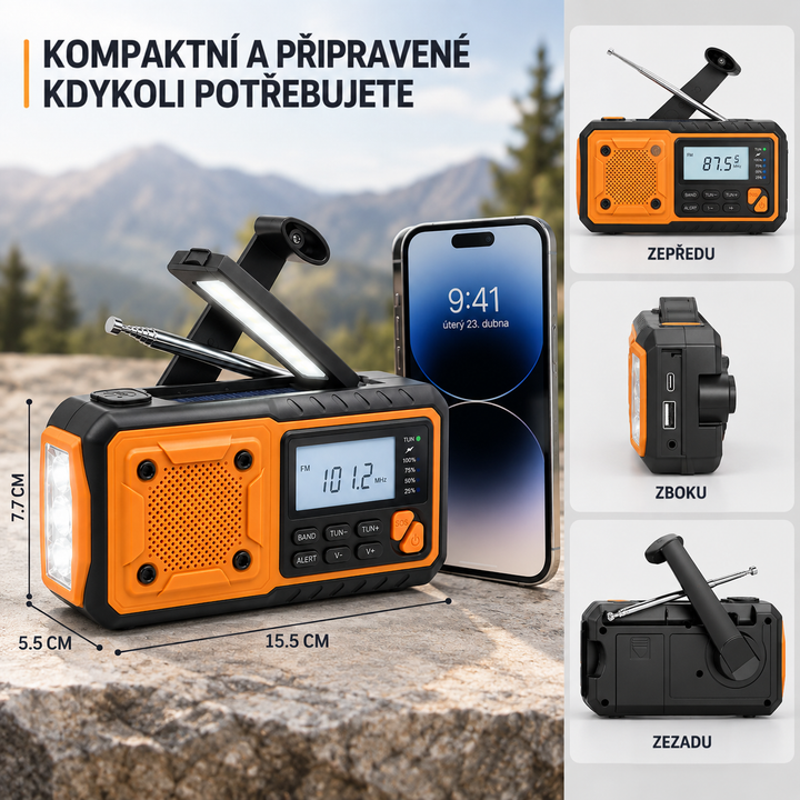 Rádio vedle telefonu na skále s rozměry a třemi malými pohledy zepředu, z boku a zezadu 3