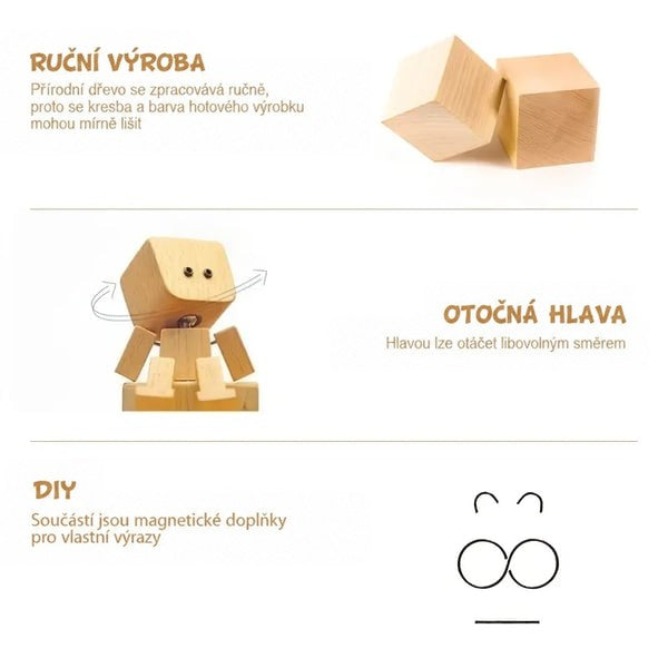 Informační koláž: dva dřevěné kvádry, hlava otáčející se do všech stran a magnetické doplňky pro vlastní obličeje. 3