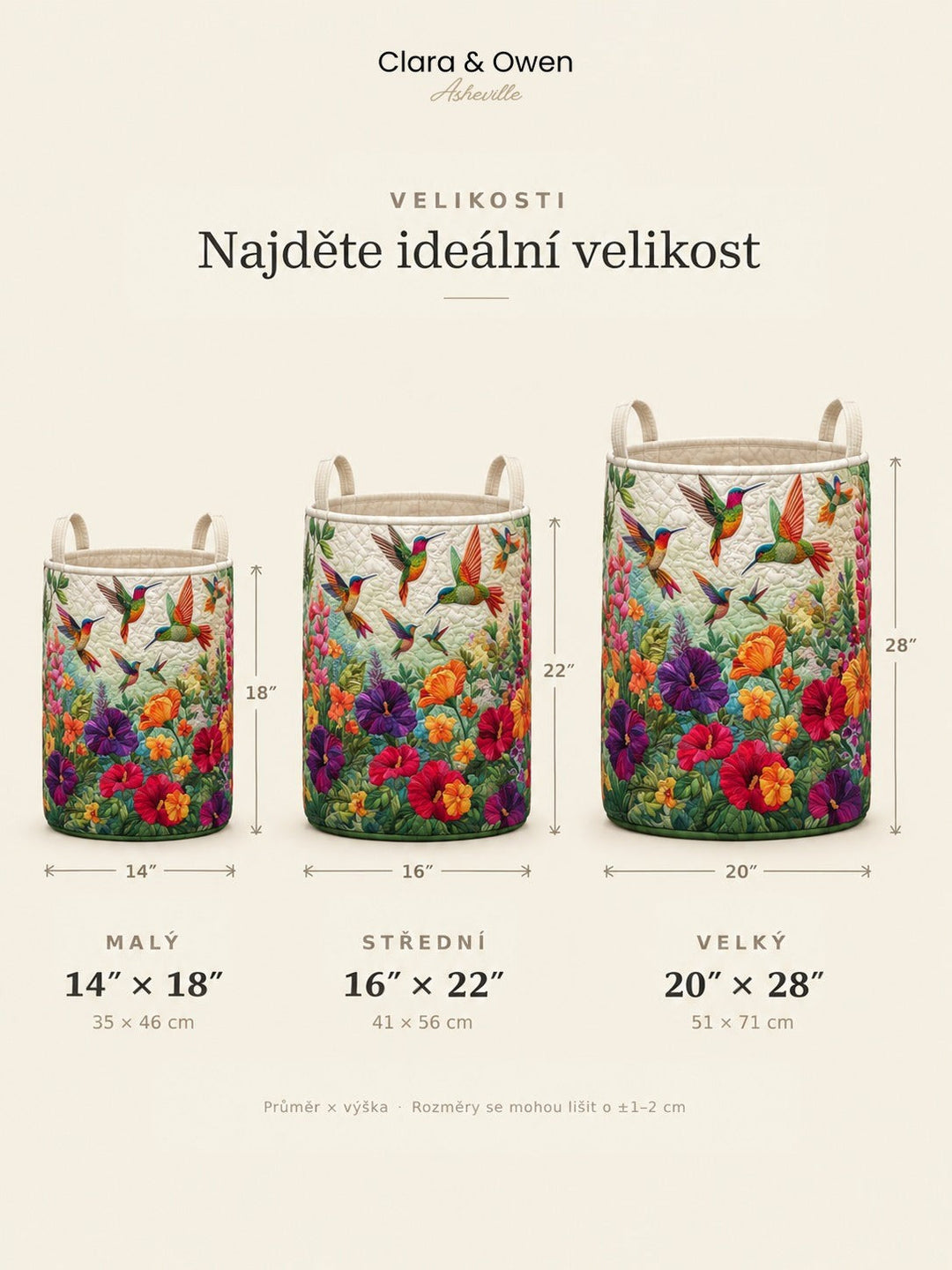 Srovnání tří velikostí koše vedle sebe, malý, střední a velký, s vyznačenými rozměry ve výšce a průměru. 5
