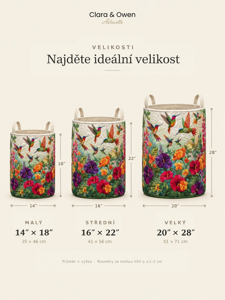 Srovnání tří velikostí koše vedle sebe, malý, střední a velký, s vyznačenými rozměry ve výšce a průměru. 5