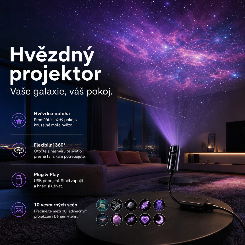 Projektor s ohebným USB stopkem na kulatém stolku promítá fialovou mlhovinu na strop moderního obýváku 5
