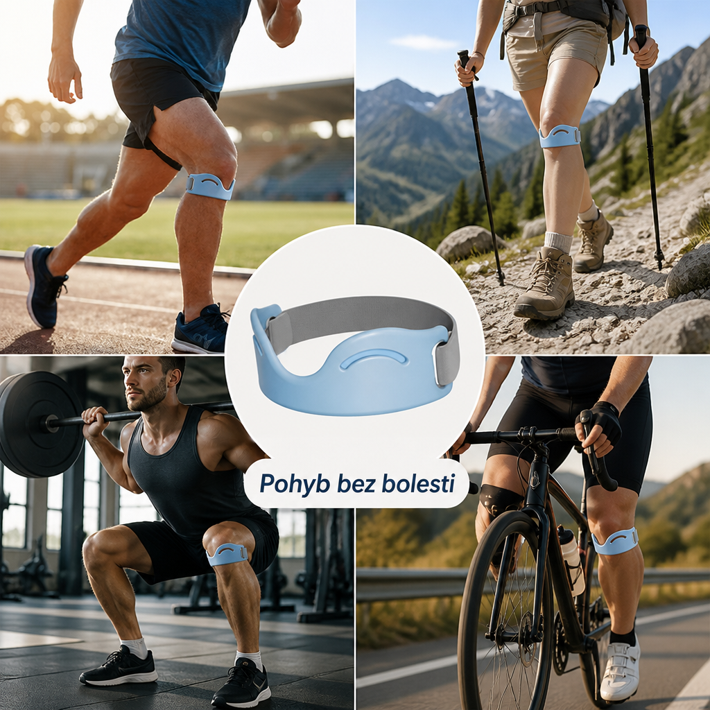 Koláž čtyř sportovních situací (běh, turistika, dřep s činkou, cyklistika) s popruhem na kolenou a samostatným snímkem popruhu uprostřed. 2