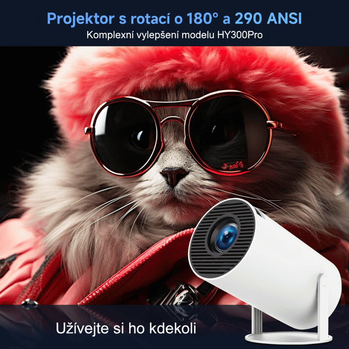 Projektor ve spodním rohu před portrétem kočky v červené čepici a slunečních brýlích 5