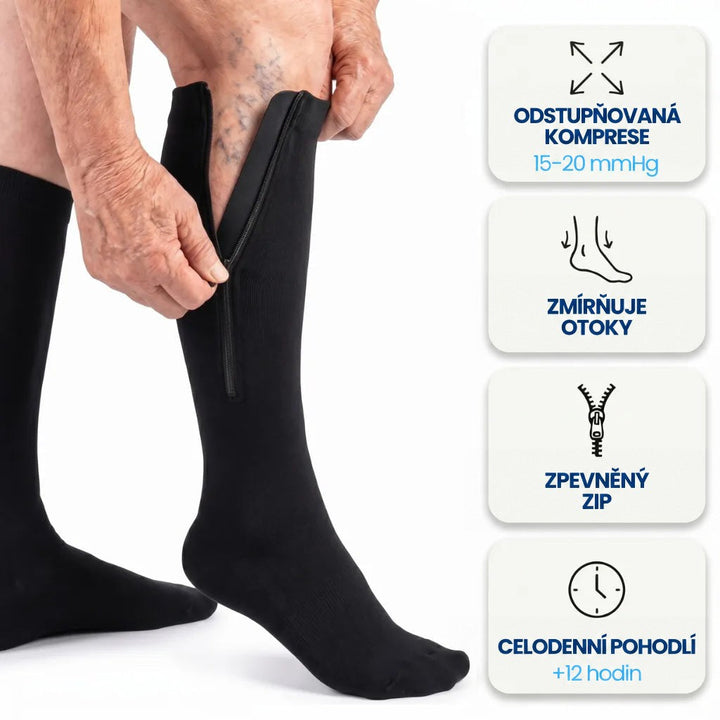 Starší člověk si zapíná zip na černé podkolence, vedle jsou ikony výhod produktu 1