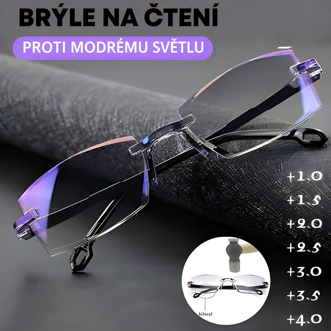 Brýle položené na černé strukturované látce, vedle nich kruhový náhled na stranicích a sloupec stupňů dioptrií. 2