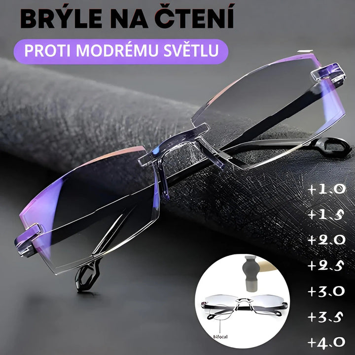 Brýle položené na černé strukturované látce, vedle nich kruhový náhled na stranicích a sloupec stupňů dioptrií. 2